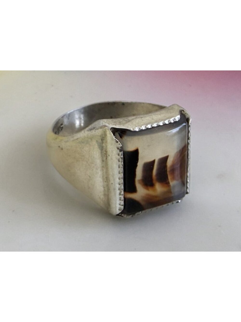 Vintage 50s Wheeler Mfg Sterling Dendritic Picture Agate Ring Size 6 3/4 - Picture 6 of 11